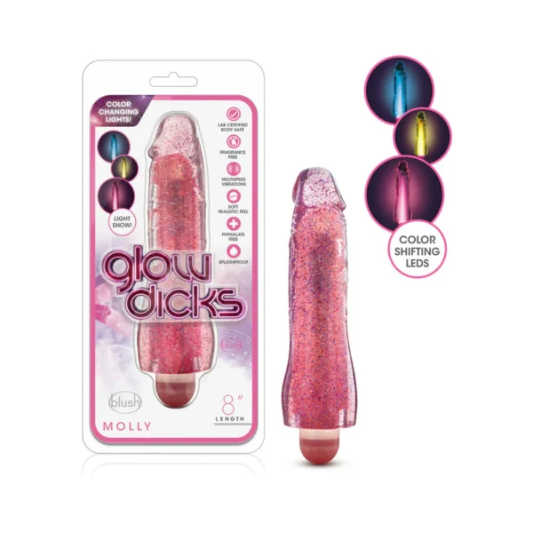 Glow Dicks Molly Color Changing 8 in. Vibrating Dildo Glitter Pink