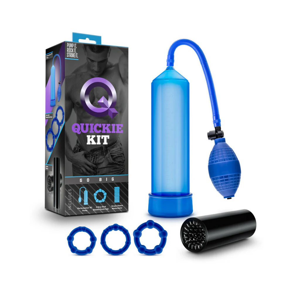 “Quickie Kit Go Big Pump, Stroker & 3-Piece Cockring Set Blue”