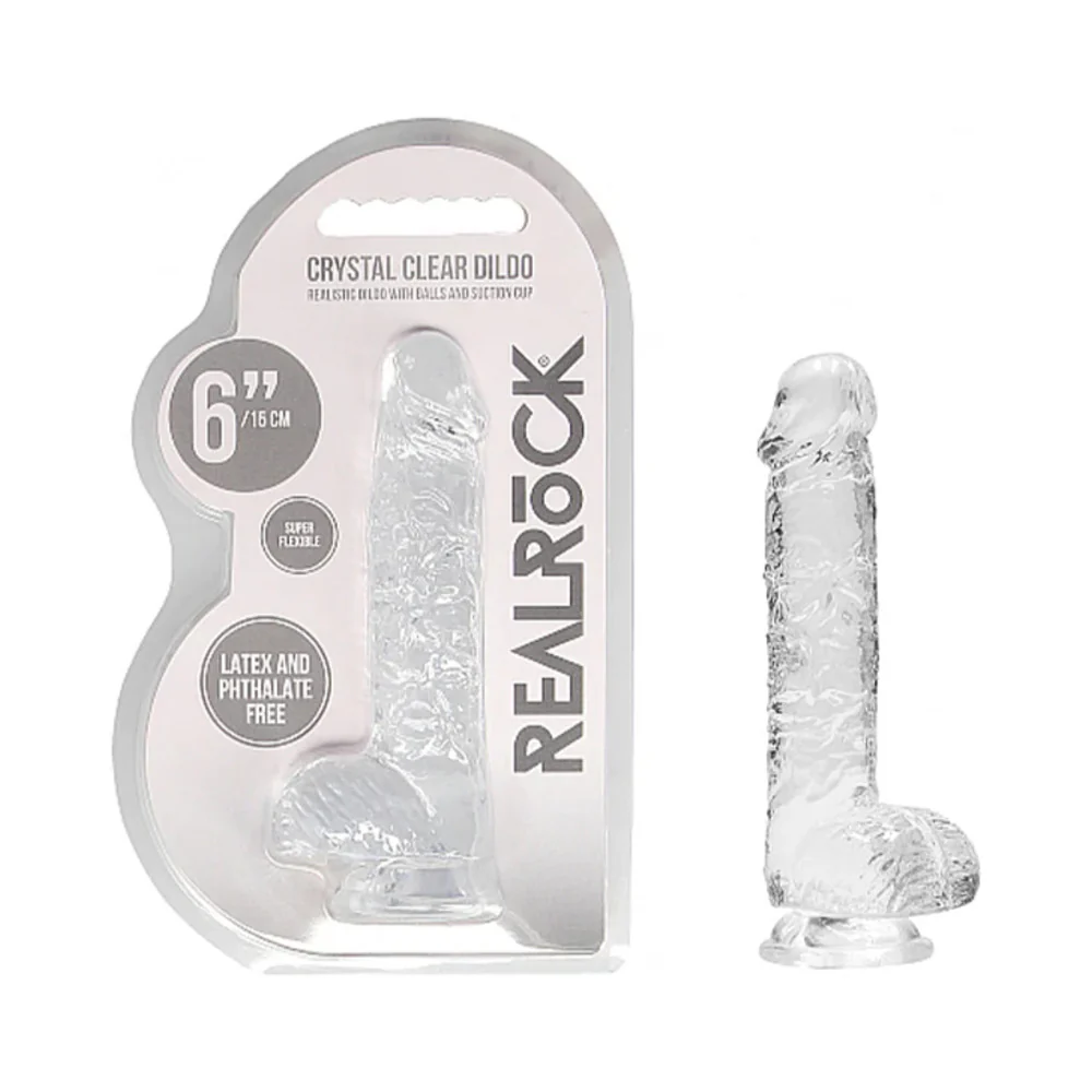 221372516.webp RealRock Crystal Clear Realistic 6 in. Dildo With Balls and Suction Cup Clear