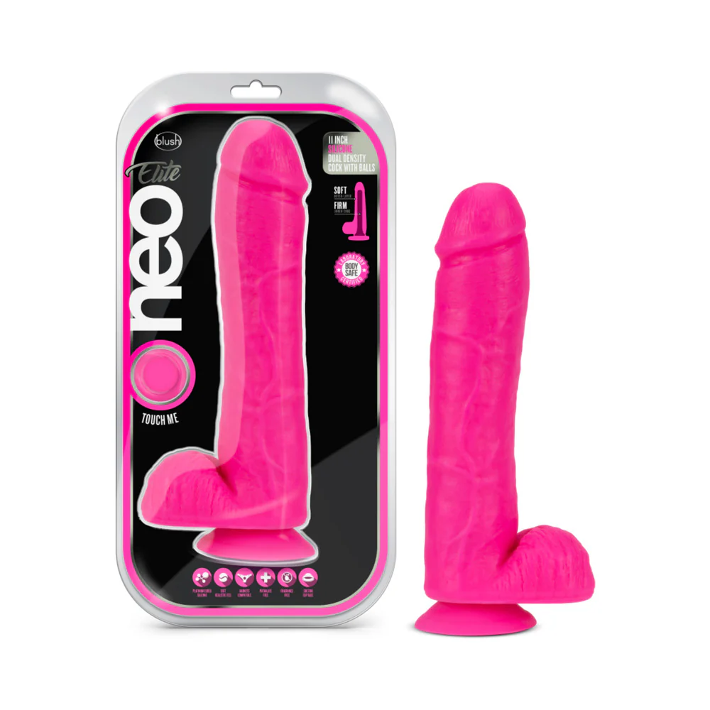 221391022.webp Neo Elite 11 in. Silicone Dual Density Dildo with Balls Neon Pink