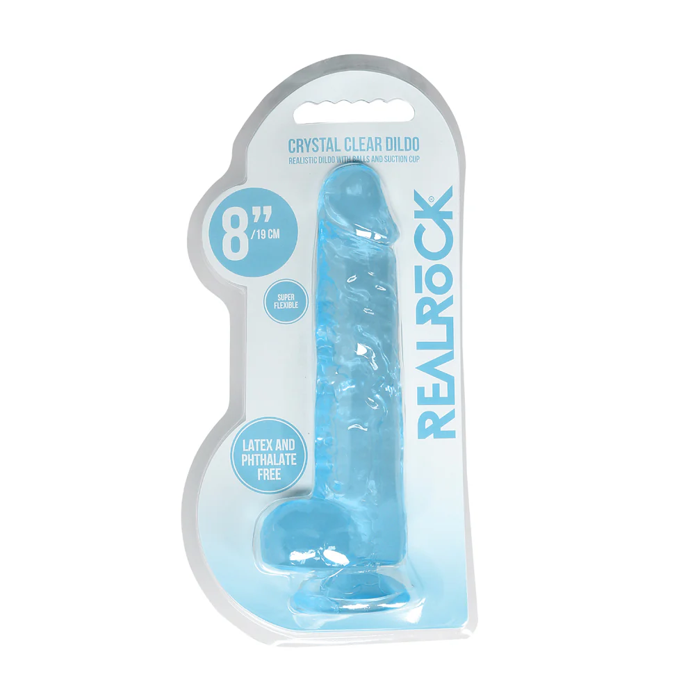 221392095.webp RealRock Crystal Clear Realistic 8 in. Dildo With Balls and Suction Cup Blue
