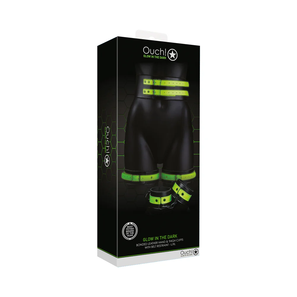 Ouch! Glow in the Dark 5-Piece Bonded Leather Thigh & Handcuffs With Belt Restraint Neon Green L/XL