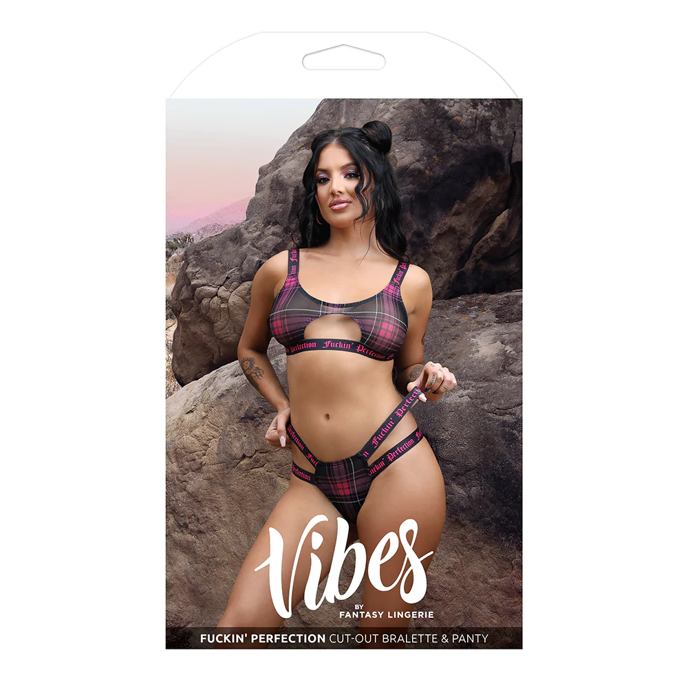 Fantasy Lingerie Vibes Fuckin’ Perfection Plaid Mesh Cut Out Bralette & Panty Black S/M