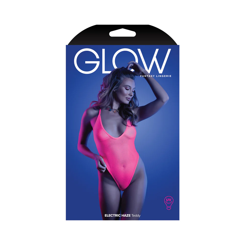 221395119.webp Fantasy Lingerie Glow Electric Haze Criss Cross Back Teddy with Snap Closure Neon Pink S/M