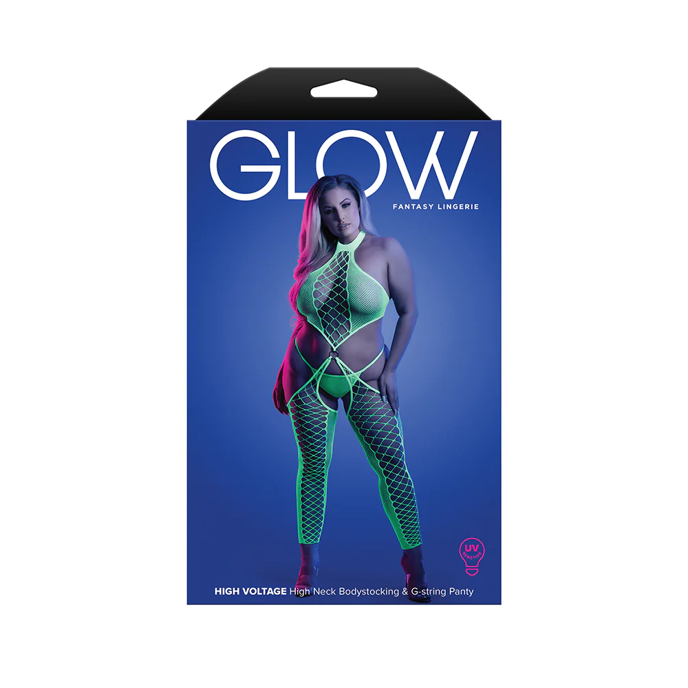 Fantasy Lingerie Glow High Voltage UV Reactive High Neck Bodystocking & G-String Panty Queen Size
